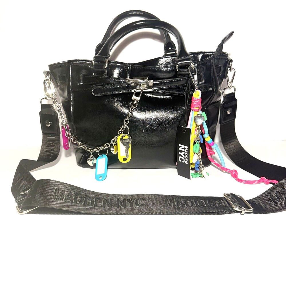 Madden NYC Black Top Handle Satchel Purse Detachable Crossbody Strap Bag Charms